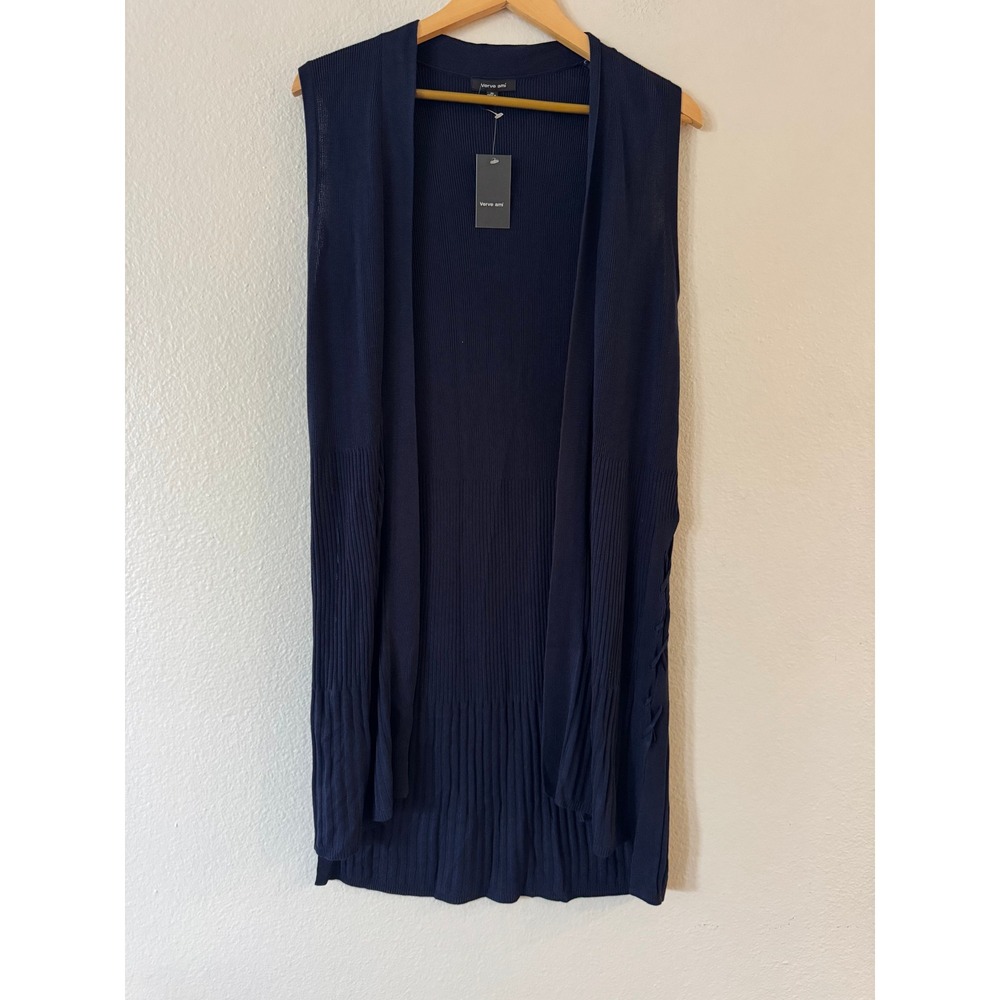 Verve Ami Ribbed Longline Vest XL Navy Blue NWT Sleeveless Cardigan Baltic Sea